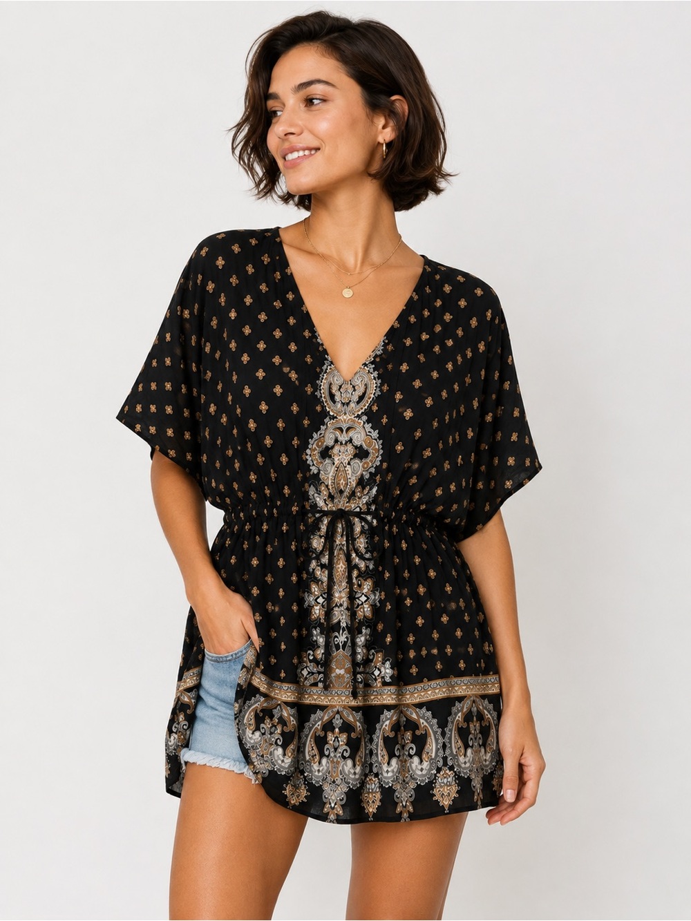 Angie Boho Black Tunic Dress with Gold & Silver Paisley Border